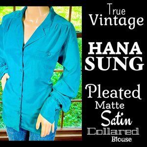 ▪️VTG▪️HANA SUNG▪️1980's 1990's Dark Teal Pleated Matte Satin Collared Blouse